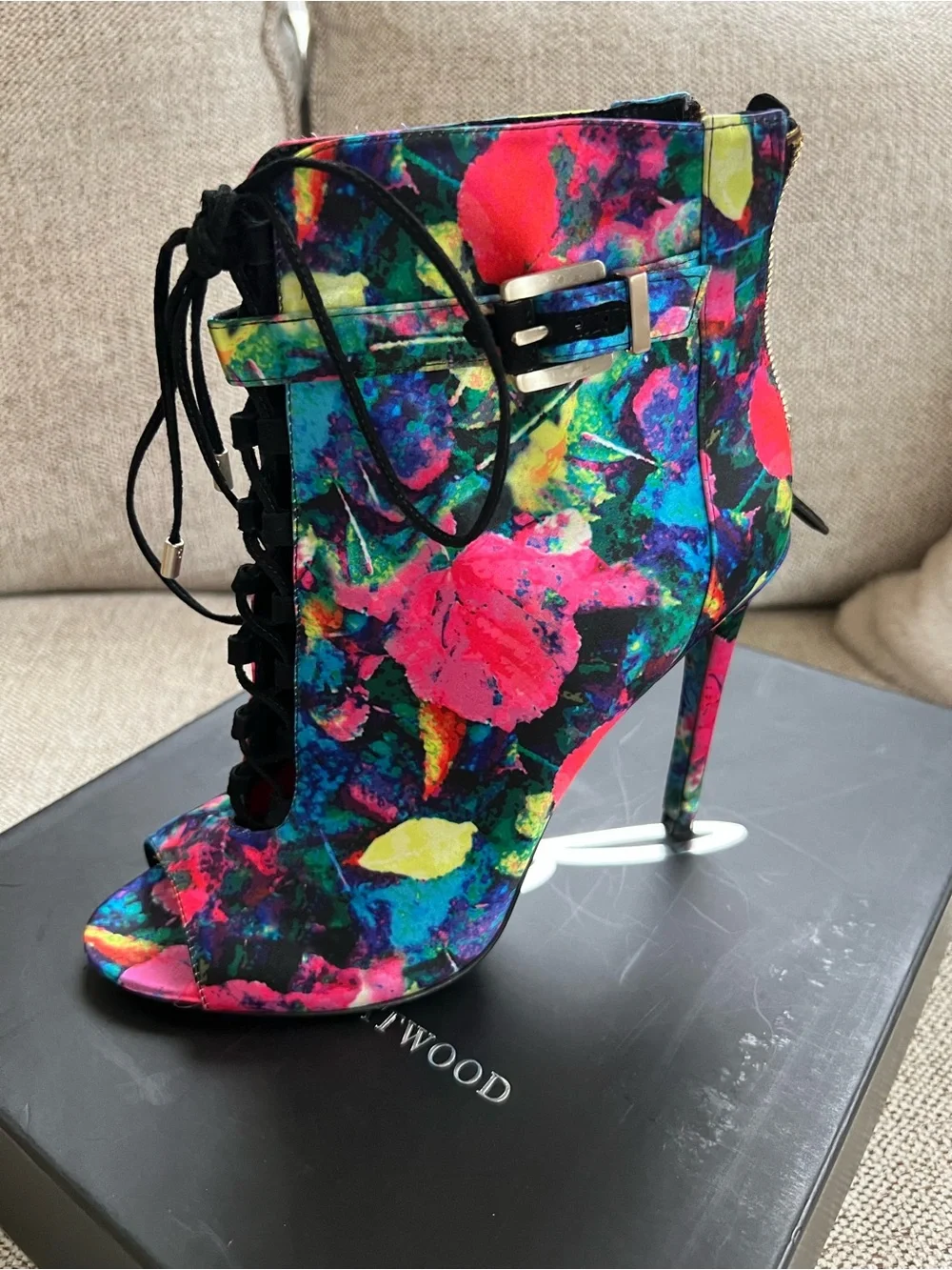 Brian Atwood Multicolor Floral Lace-Up Peep-Toe Stiletto Bootie
